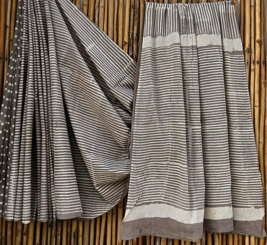 Elegant Black & White Striped Handblock Printed Pure Mulmul Cotton Saree