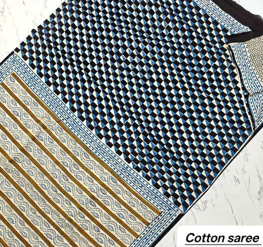 Elegant Blue & White Geometric Chevron Handblock Printed Pure Mulmul Cotton Saree