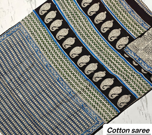 Elegant Blue & White Striped Paisley Handblock Printed Pure Mulmul Cotton Saree
