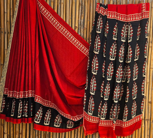 Elegant Bright Red & Black Leaf Motif Handblock Printed Pure Mulmul Cotton Saree