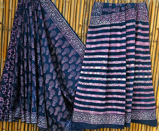 Elegant Indigo Blue & Pink Floral Handblock Printed Pure Mulmul Cotton Saree