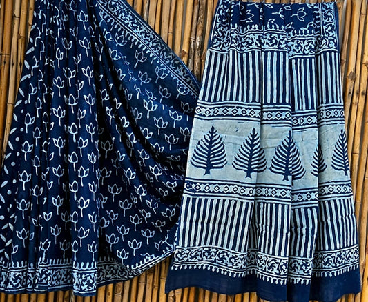 Elegant Indigo Blue & White Floral Handblock Printed Pure Mulmul Cotton Saree