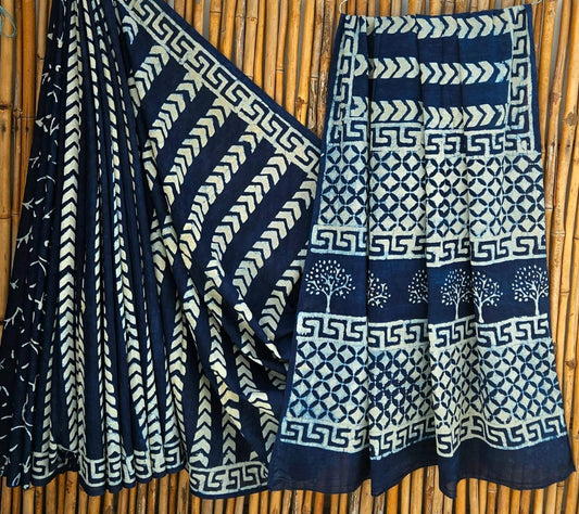 Elegant Indigo Blue & White Geometric Handblock Printed Pure Mulmul Cotton Saree