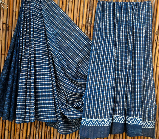 Elegant Indigo Blue & White Striped Handblock Printed Pure Mulmul Cotton Saree