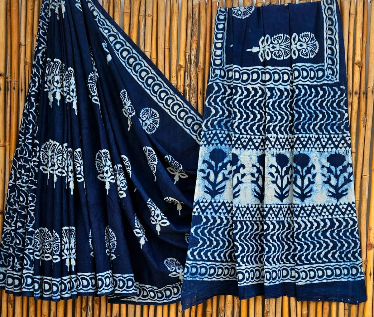 Elegant Indigo Blue & White Tree Motif Handblock Printed Pure Mulmul Cotton Saree