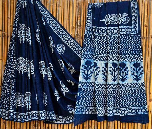 Elegant Indigo Blue & White Tree Motif Handblock Printed Pure Mulmul Cotton Saree