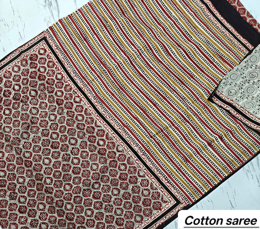Elegant Maroon & Black Striped Geometric Handblock Printed Pure Mulmul Cotton Saree