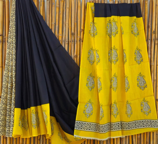 Elegant Mustard Yellow & Black Floral Handblock Printed Pure Mulmul Cotton Saree