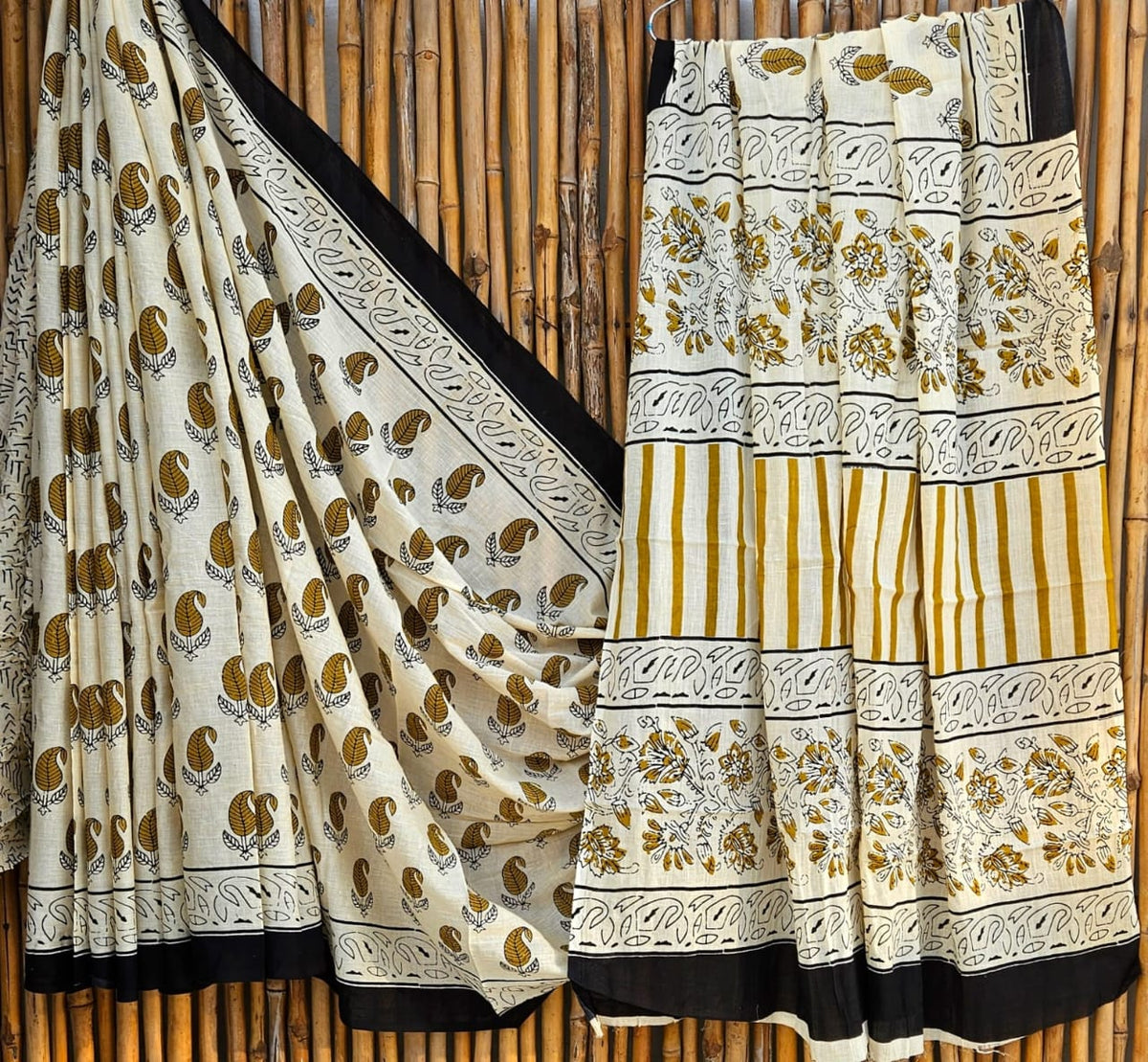Elegant Off-White & Mustard Striped Handblock Printed Pure Mulmul Cotton Saree