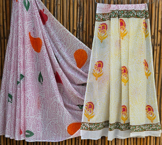 Elegant Off-White & Orange Floral Handblock Printed Pure Mulmul Cotton Saree