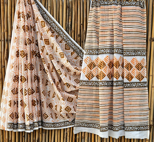 Elegant Off-White & Peach Abstract Handblock Printed Pure Mulmul Cotton Saree