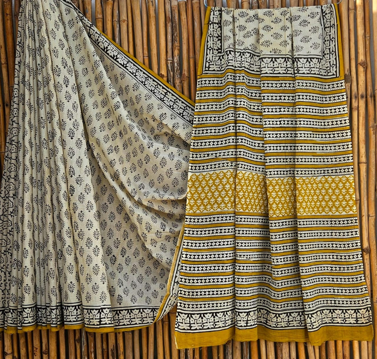 Elegant Off-White & Yellow Striped Handblock Printed Pure Mulmul Cotton Saree