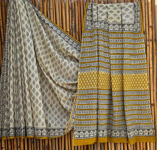 Elegant Off-White & Yellow Striped Handblock Printed Pure Mulmul Cotton Saree