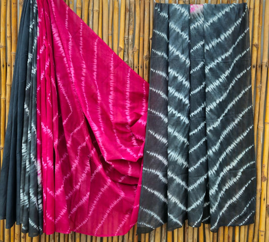 Elegant Pink & Grey Chevron Handblock Printed Pure Mulmul Cotton Saree