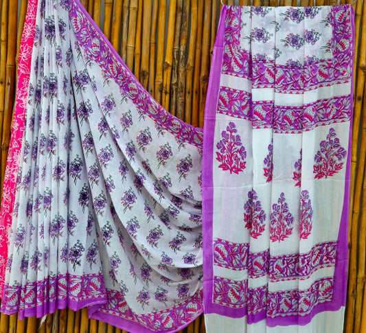 Elegant Purple & White Floral Handblock Printed Pure Mulmul Cotton Saree