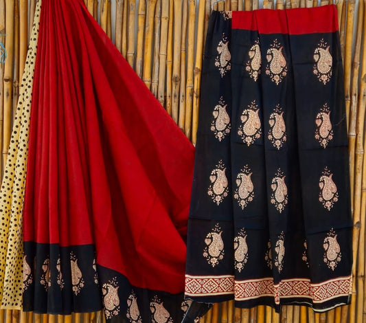Elegant Red & Black Floral Motif Handblock Printed Pure Mulmul Cotton Saree