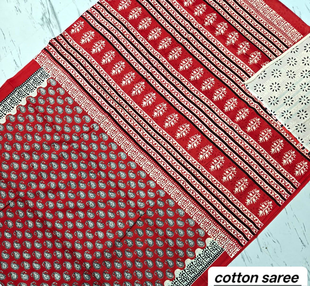 Elegant Red & White Geometric Booti Handblock Printed Pure Mulmul Cotton Saree