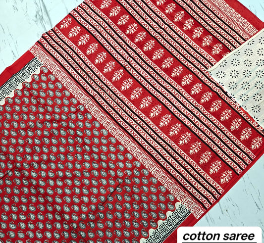 Elegant Red & White Geometric Booti Handblock Printed Pure Mulmul Cotton Saree