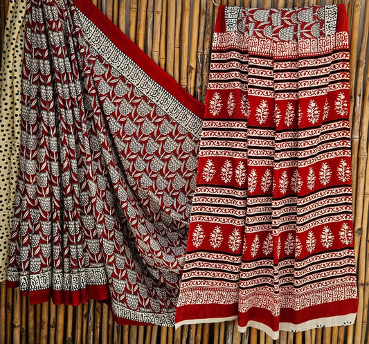 Elegant Red & White Geometric Handblock Printed Pure Mulmul Cotton Saree
