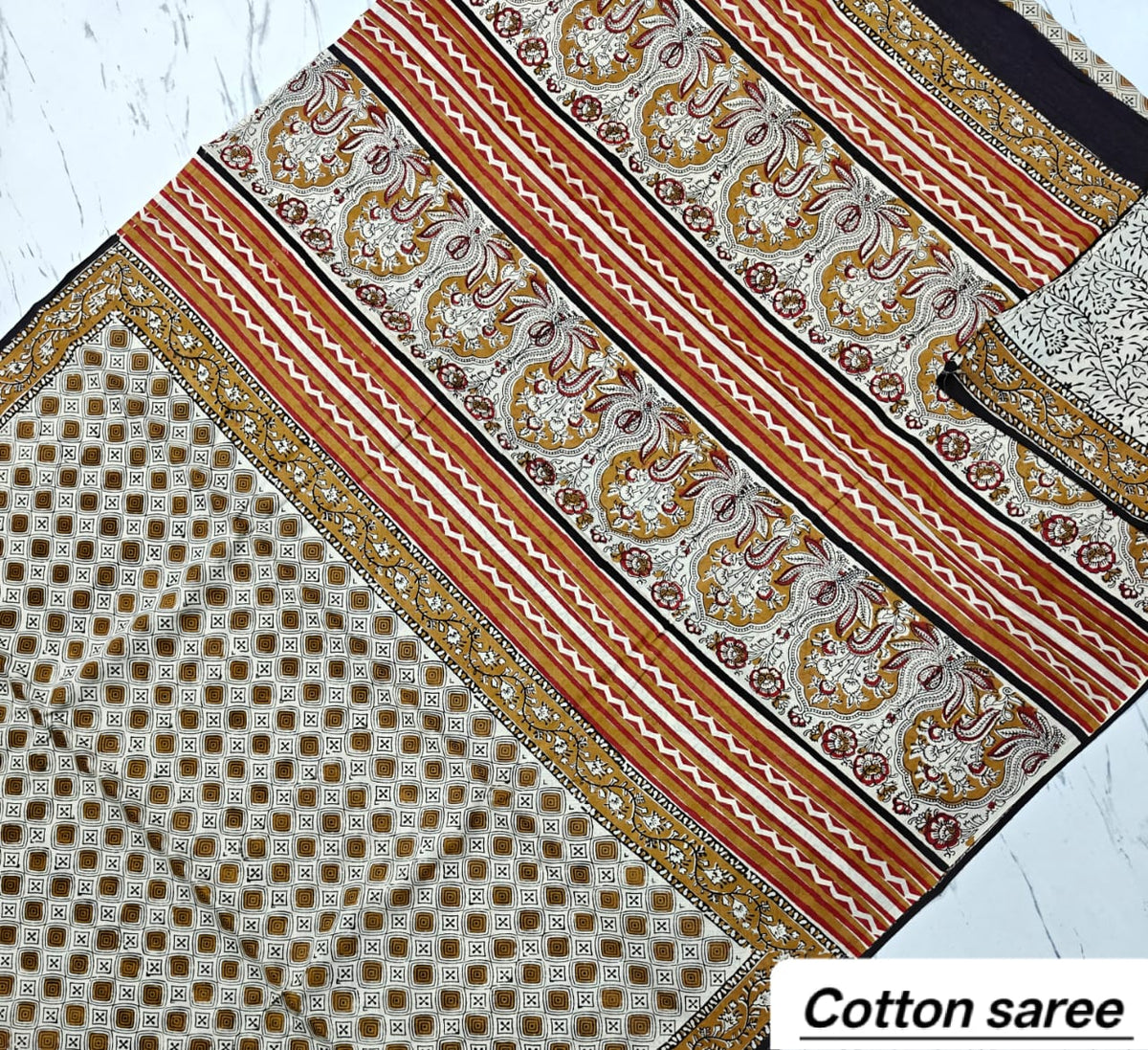 Elegant Rust Brown & Beige Striped Handblock Printed Pure Mulmul Cotton Saree