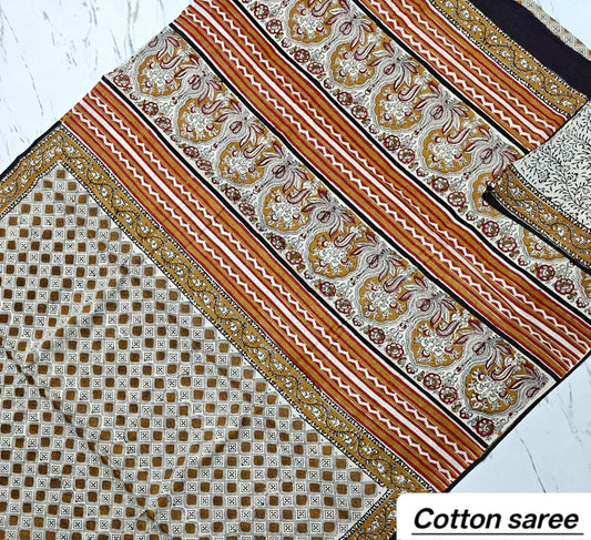 Elegant Rust Brown & Beige Striped Handblock Printed Pure Mulmul Cotton Saree