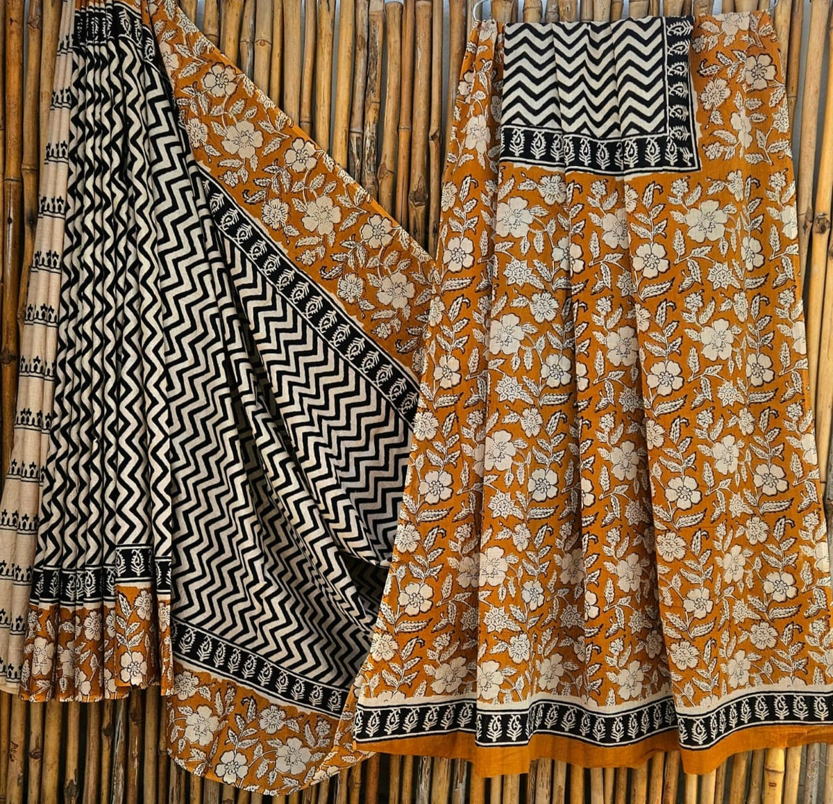 Elegant Rust Brown & Black Chevron Handblock Printed Pure Mulmul Cotton Saree