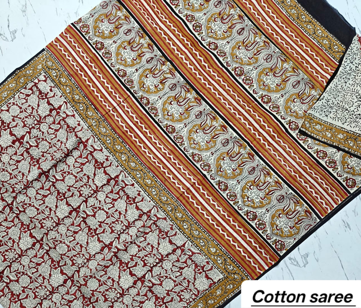Elegant Rust Red & Beige Striped Floral Handblock Printed Pure Mulmul Cotton Saree