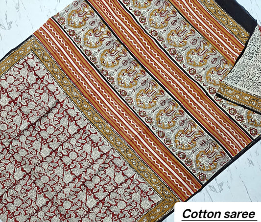 Elegant Rust Red & Beige Striped Floral Handblock Printed Pure Mulmul Cotton Saree