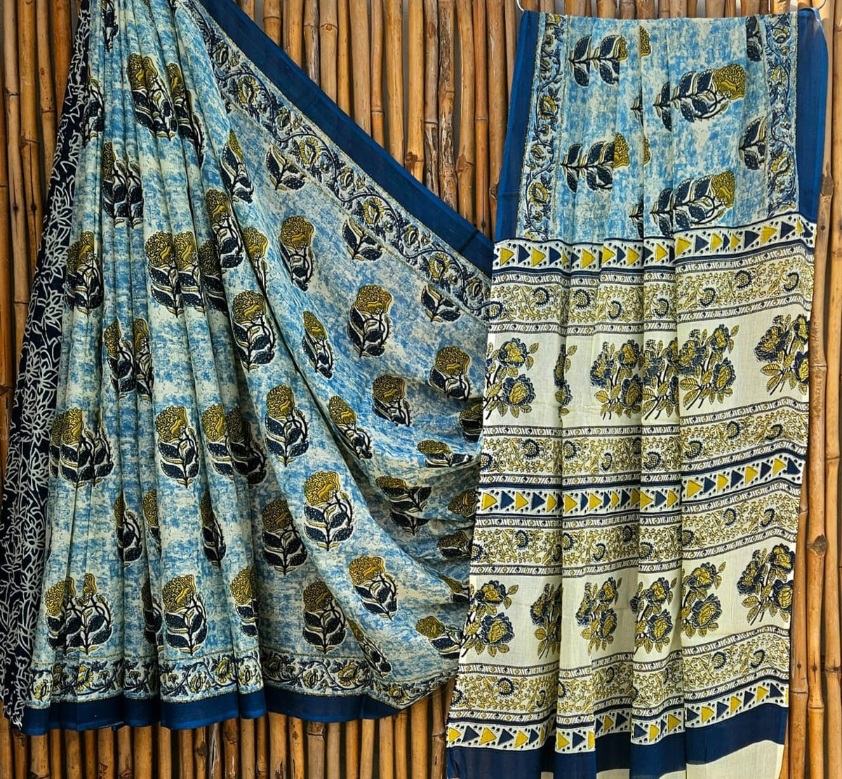 Elegant Sky Blue & Yellow Floral Handblock Printed Pure Mulmul Cotton Saree