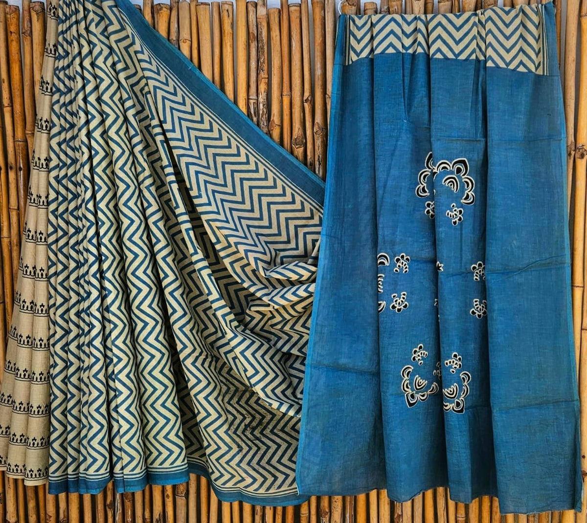 Elegant Teal Blue & Green Chevron Handblock Printed Pure Mulmul Cotton Saree