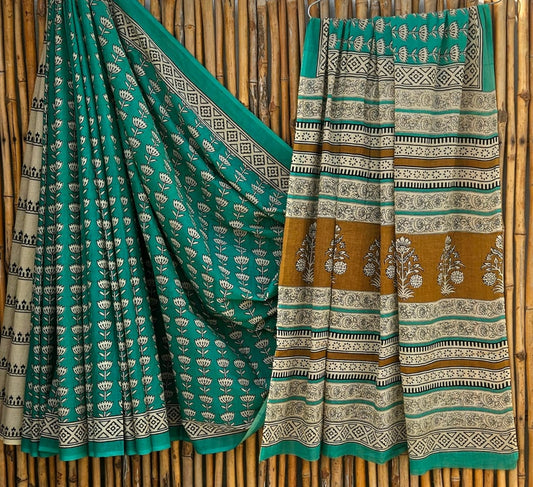 Elegant Teal Green & Mustard Floral Handblock Printed Pure Mulmul Cotton Saree