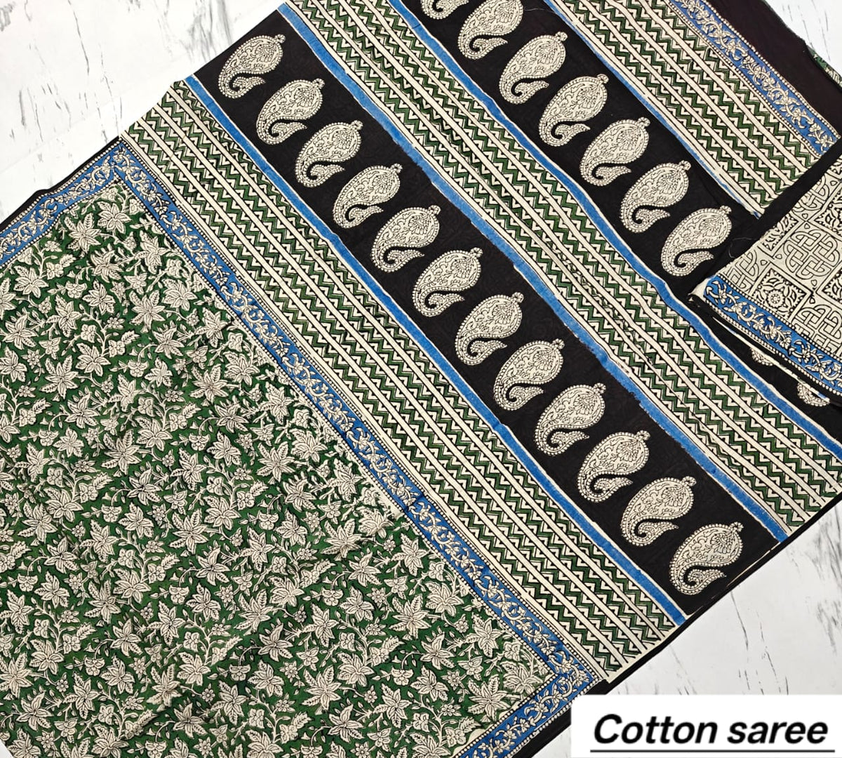 Elegant Teal Green & White Striped Paisley Handblock Printed Pure Mulmul Cotton Saree