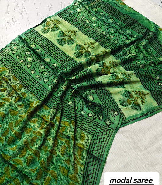 Emerald Green & Black Abstract Handblock Print Pure Modal Silk Ajrakh Saree