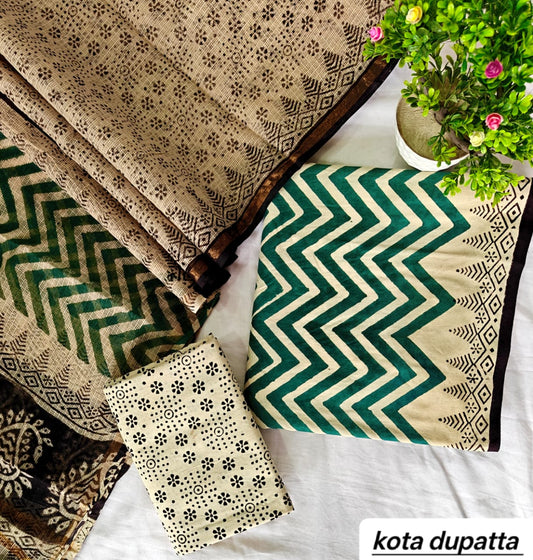 Emerald Green and Beige Chevron Traditional Cotton Suit Set with Kota Doria Dupatta (Handblock Printed)