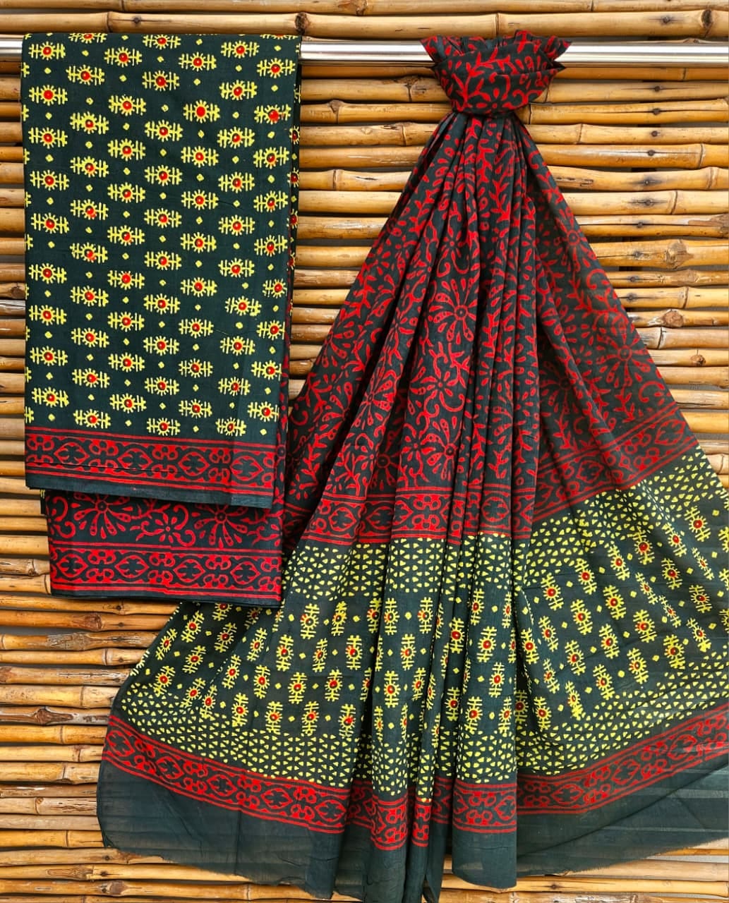 Forest Green and Maroon Handblock Printed Cotton Suit Set - Floral Jaal Border