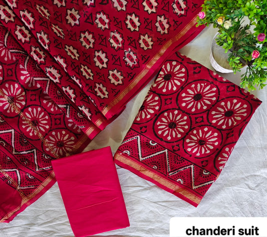 Fuchsia Pink Floral Pattern Handblock Printed Pure Chanderi Silk Unstitched Suit Set