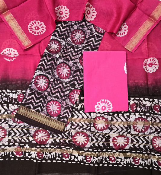 Fuchsia Pink and Ash Grey Check Motif Handblock Printed Pure Maheshwari Silk Suit Set with Zari Border