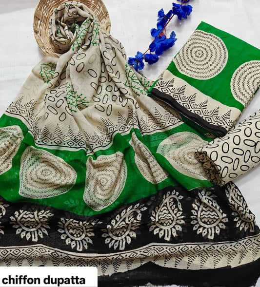 Green and Black Traditional Traditional Handblock Cotton Suit Set with Chiffon Dupatta