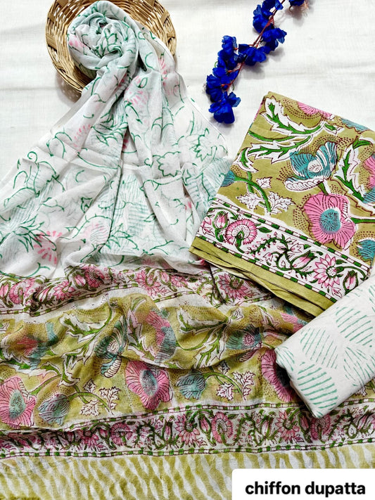 Green and Pink Leaf Traditional Handblock Cotton Suit Set with Chiffon Dupatta