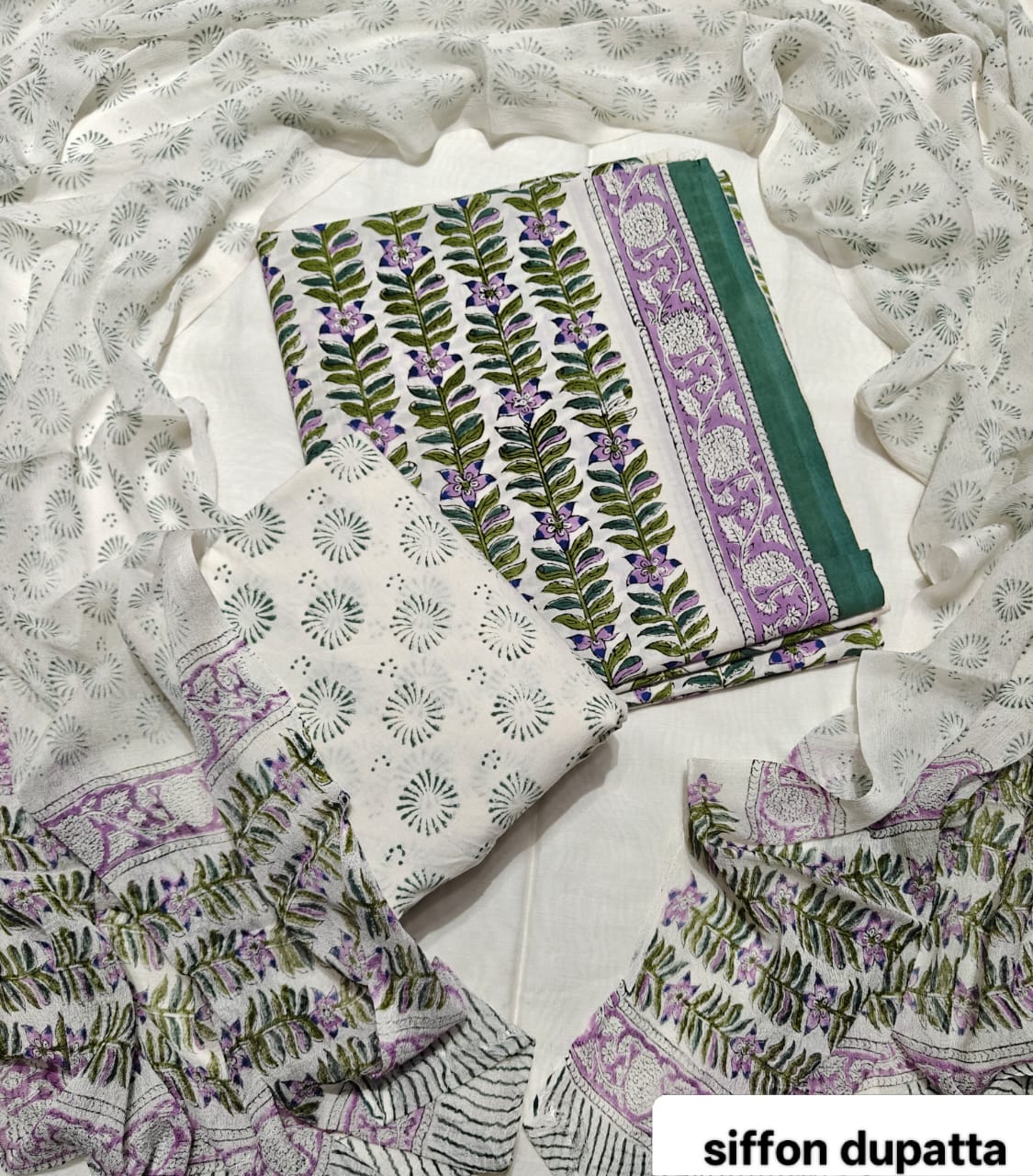 Green and White Leaf Traditional Handblock Cotton Suit Set with Chiffon Dupatta