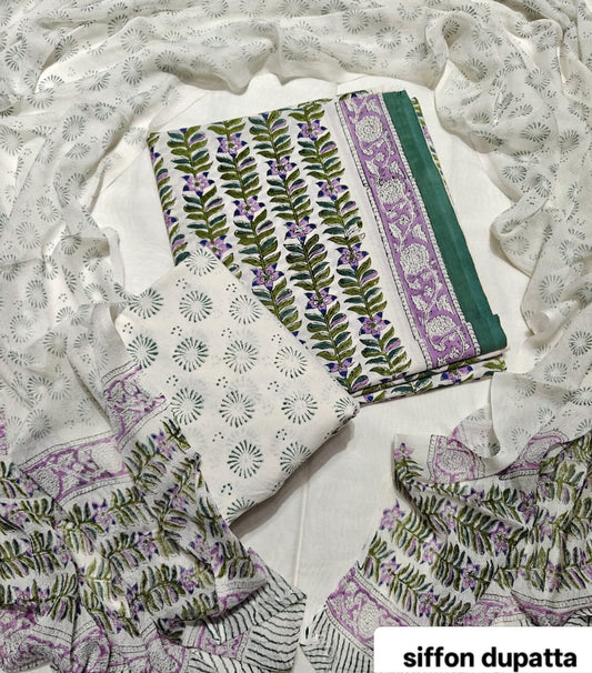 Green and White Leaf Traditional Handblock Cotton Suit Set with Chiffon Dupatta