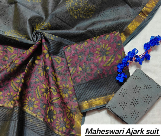Grey & Maroon Floral Pure Maheshwari Silk with Ajrakh Print Unstitched Suit Set with Dupatta