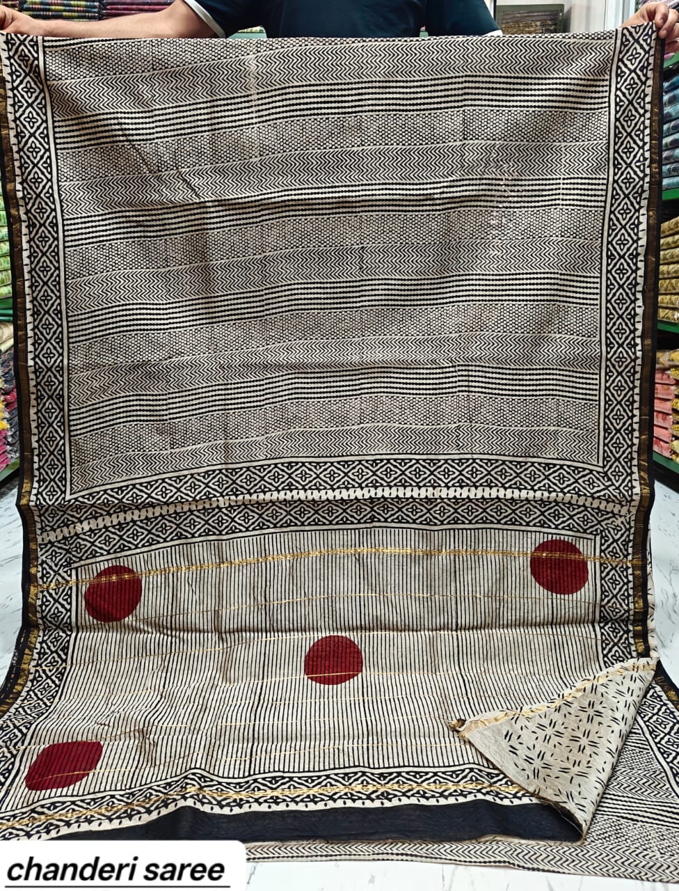 Grey & Red Polka Dot Chanderi Bagru Handblock Printed Silk Cotton Saree With Blouse