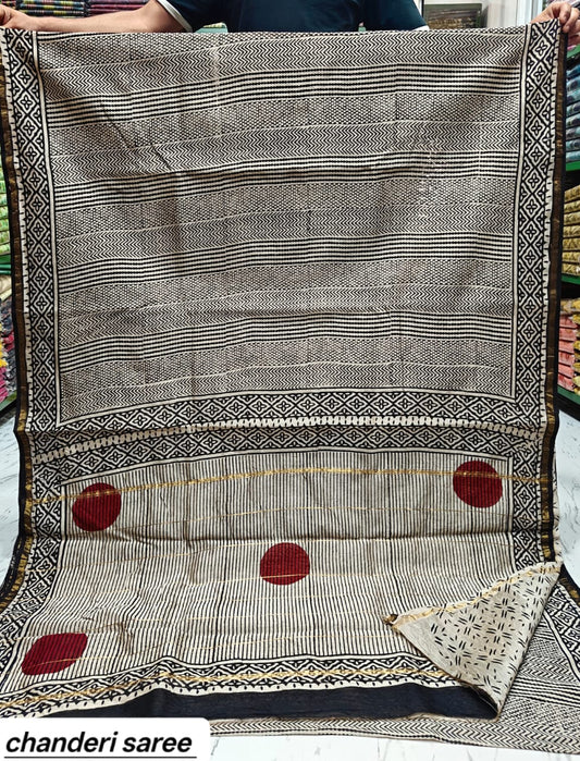 Grey & Red Polka Dot Chanderi Bagru Handblock Printed Silk Cotton Saree With Blouse