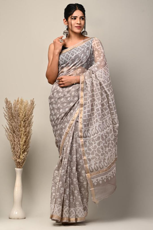 Grey & White Floral Booti Hand Block Printed Kota Doria Cotton Saree