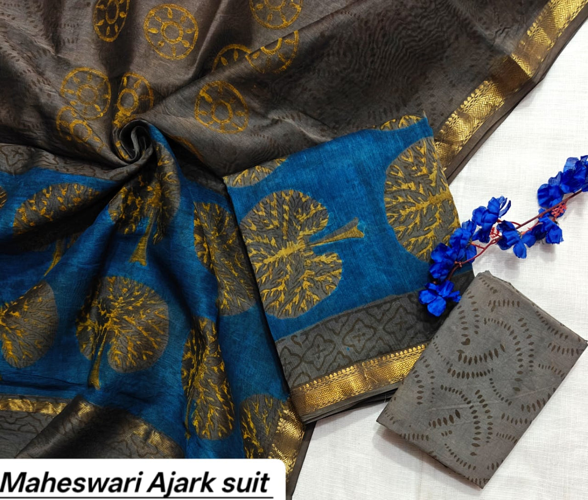Grey & Yellow Tree Motif Pure Maheshwari Silk with Ajrakh Print Unstitched Suit Set with Dupatta