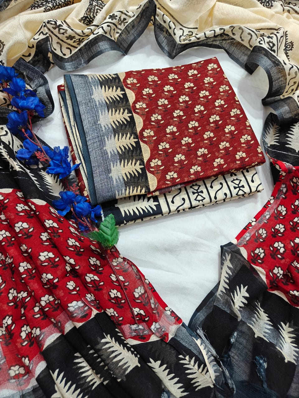Handcrafted Crimson Red and Black Linen Cotton Floral Booti Print Unstitched Suit with Zari Border Dupatta