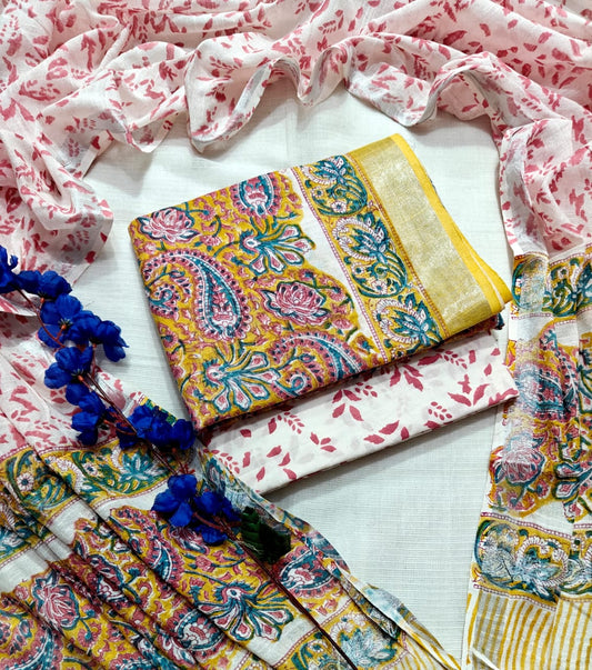 Handcrafted Golden Yellow Teal and Pink Linen Cotton Paisley Floral Print Unstitched Suit with Zari Border Dupatta