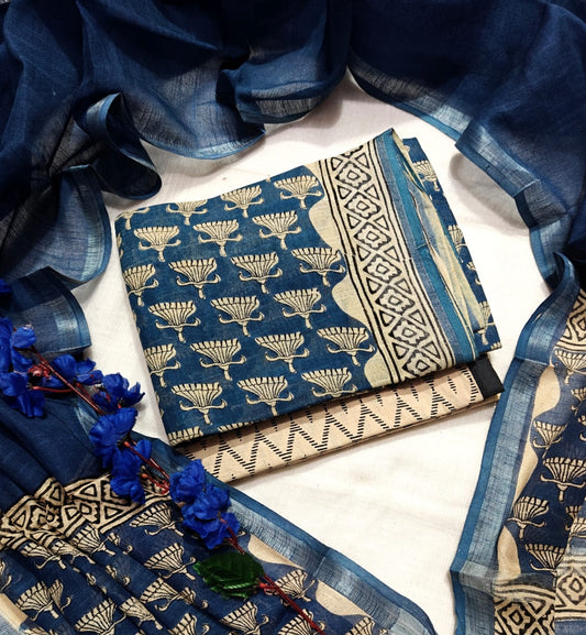 Handcrafted Indigo Blue Linen Cotton Lotus Print Unstitched Suit with Zari Border Dupatta
