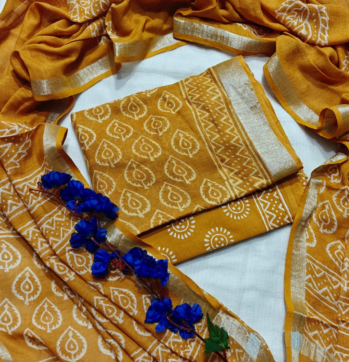 Handcrafted Mustard Ochre Linen Cotton Hand Block Print Unstitched Suit with Zari Border Dupatta